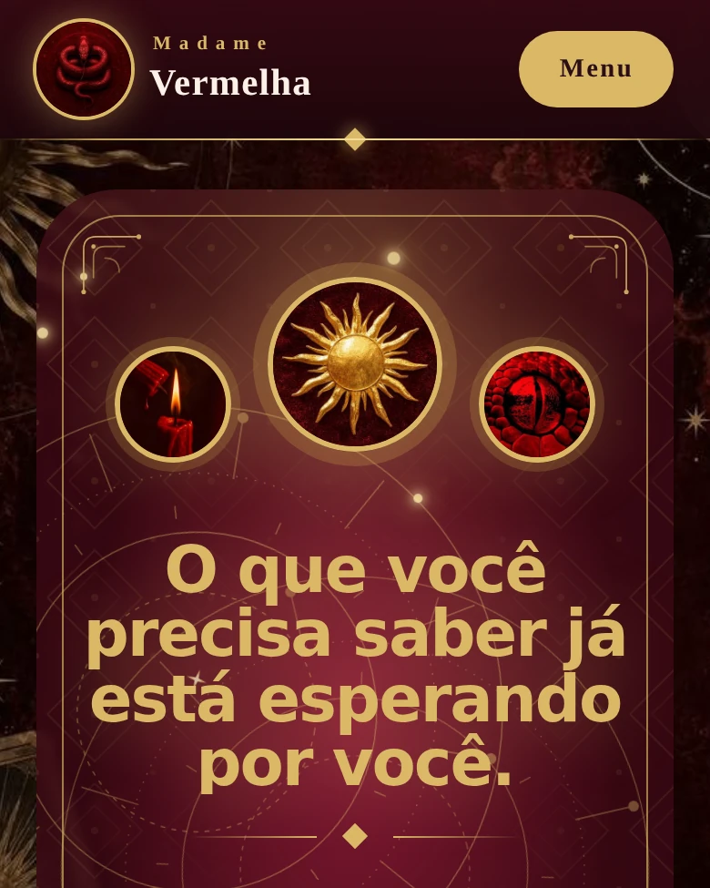 Tela inicial do site da Madame Vermelha, com imagens místicas e botão para agendar horário